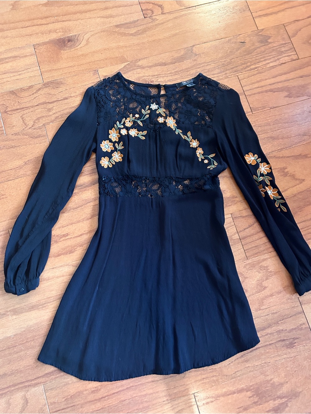 Forever 21 Black Long-Sleeve Dress with Yellow Floral Embroidery